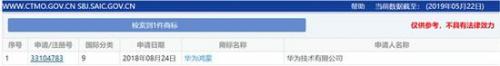 华为已注册“华为鸿蒙”商标，2018年申请
