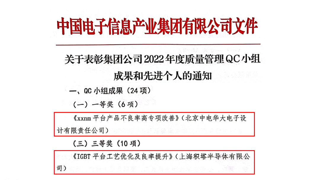 华大半导体旗下华大电子、积塔半导体荣获2022年度中国电子QC小组成果奖