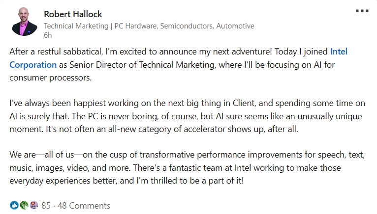 AMD 12年老将Robert Hallock加盟Intel