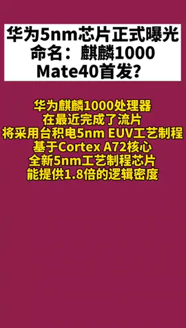 华为 华为5nm芯片正式曝光，命名：麒麟1000，Mate40首发？