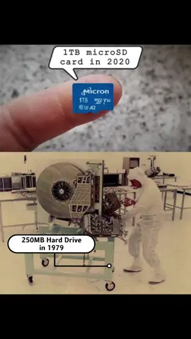 1979年250MB的硬盘体积与现在1TB的microSD卡对比 硬盘 电子技术 科技发展