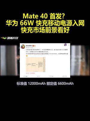 Mate40首发？华为66W快充移动电源入网：快充市场前景看好